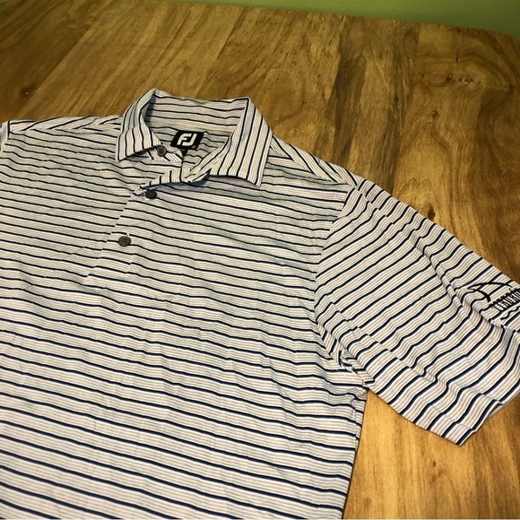 FootJoy Tiburon Naples FL Short Sleeve Golf Shirt Polo Mens Medium Blue Stripe - Picture 2 of 10